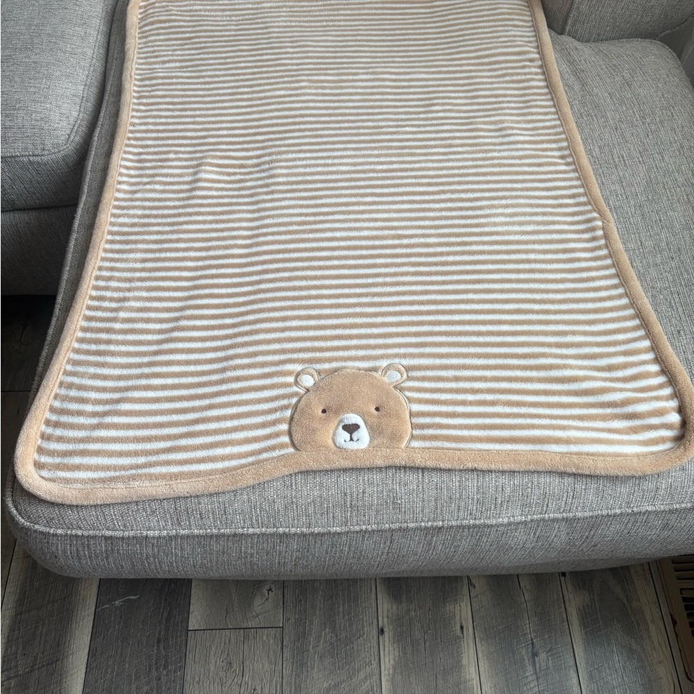 Striped Beige & White Bear Baby Blanket